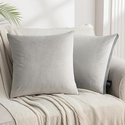 Phantoscope Pack of 2 Velvet Throw Pillow Covers, Decorative Soft Velvet Pillows Accent Double-Sided Gusseted Design, Square Cushion Case for Couch Sofa Bed, Light Grey, 18 x 18 inches 45 x 45 cm
