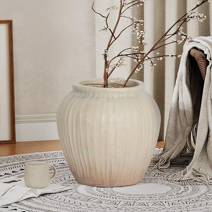 Oakrain Large Rustic Minimalist Vase, 11" Distressed Round Floor Vase for Home Decor, Farmhouse Centerpieces Planters with Gradient Design for Living Room Indoor Outdoor Use, Beige