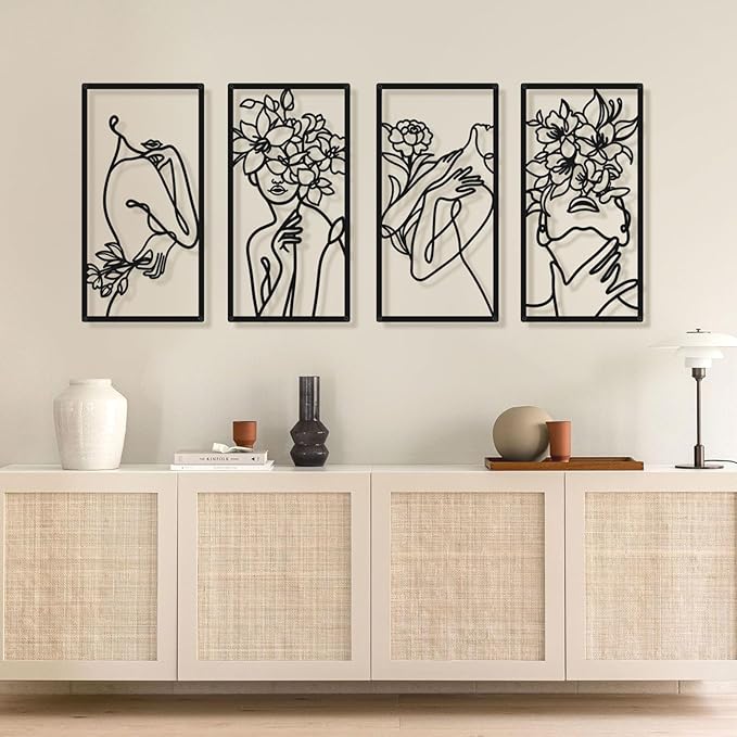 Bakovity Black Metal Wall Decor, Abstract Woman Wall Art, Minimalist Line Decor, Modern Aesthetic Metal Wall Art for Bedroom Bathroom Living Room (4 Pcs, 17 x 9 in)