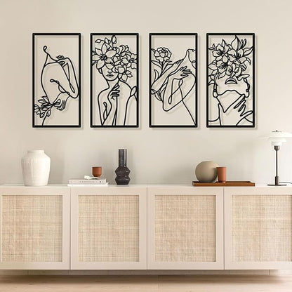 Bakovity Black Metal Wall Decor, Abstract Woman Wall Art, Minimalist Line Decor, Modern Aesthetic Metal Wall Art for Bedroom Bathroom Living Room (4 Pcs, 17 x 9 in)
