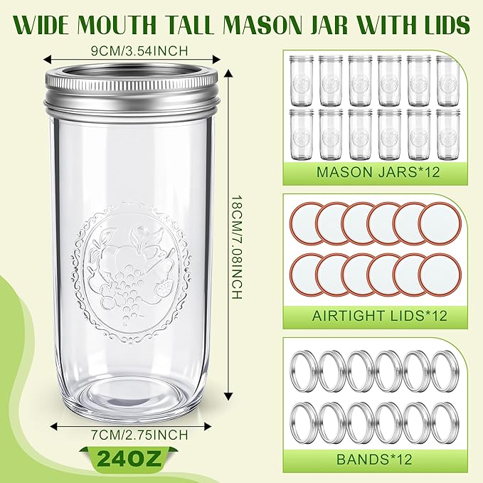 Mason Jars 24 oz Wide Mouth with Measurement Marks–12Pack Glass Canning Jars with Airtight Leakproof Lids & Bands, BPA-Free for Meal Prep, Fermentation, Pickling & Storage (clear 12pack 24oz)
