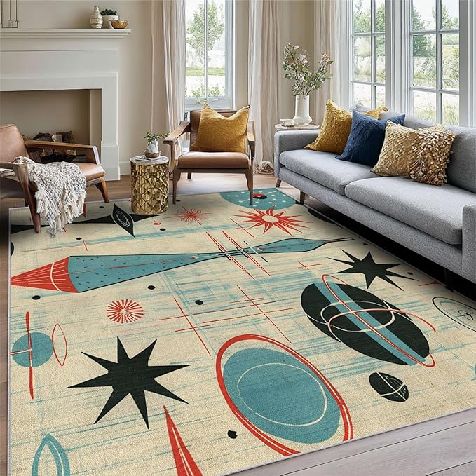 Mid Century Rug 8x10 Retro Abstract Atomic Starburst Pattern, Washable Living Room Bedroom Large Area Rugs, Mid Century Decor for Home, Soft Non Slip Indoor Carpet, Low Pile Design & G868