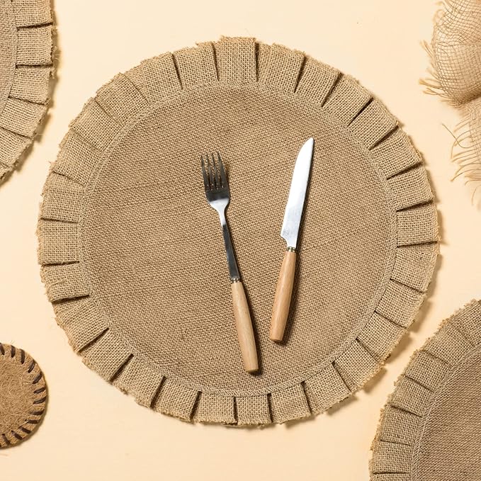 FunWheat Burlap Round Braided Placemats Set of 6 for Dining Tables 15 Inch Heat Resistant Jute Table Mats Farmhouse Woven Fabric Natural Place mats for Decoration(Ruffled Lace)