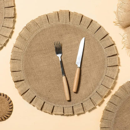 FunWheat Burlap Round Braided Placemats Set of 6 for Dining Tables 15 Inch Heat Resistant Jute Table Mats Farmhouse Woven Fabric Natural Place mats for Decoration(Ruffled Lace)