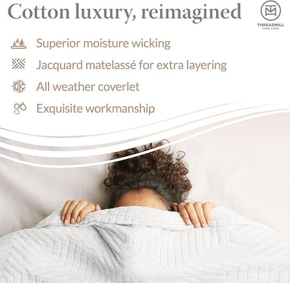 Threadmill Luxury Cotton Blankets for Twin Size Bed | All-Season 100% Cotton Twin Blanket for Bed | Aster Jacquard Lightweight, Soft & Cozy Coverlet, 350GSM, 68x90 inches | White