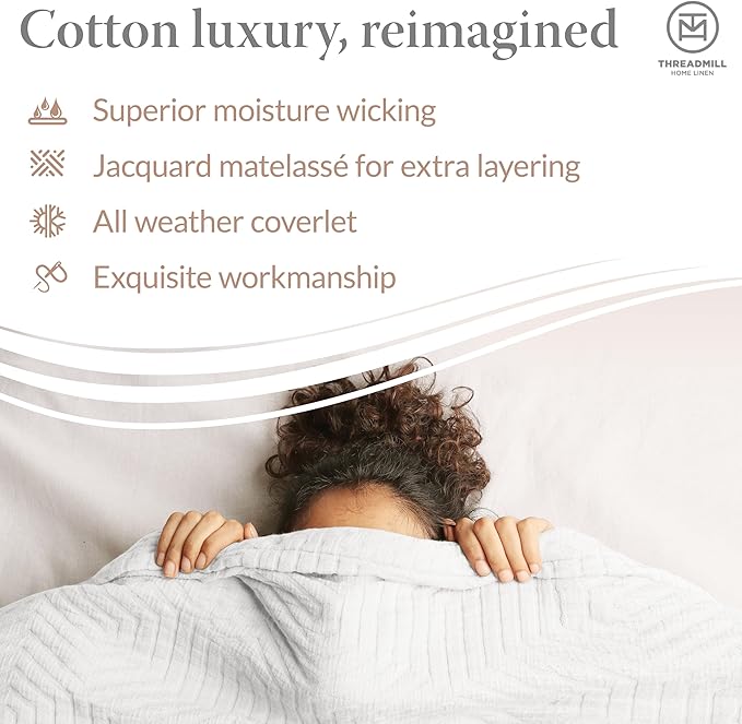 Threadmill Luxury Cotton Blankets for Queen Size Bed | All-Season 100% Cotton Queen Size Blanket | Aster Jacquard Cozy Lightweight, Soft Breathable Coverlet fits Full Size Bed, 90x92 | White