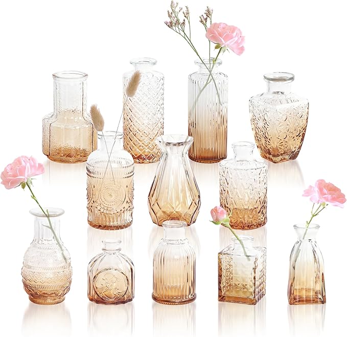 Vintage Gradient Amber Glass Bud Vase in Bulk 12, Rustic Small Flower Vases Set for Table, Mantel, Centerpieces, Wedding, Decorative Embossed Mini Vase Bottles for Home, Party, Baby Shower