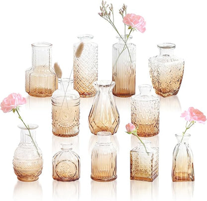Vintage Gradient Amber Glass Bud Vase in Bulk 12, Rustic Small Flower Vases Set for Table, Mantel, Centerpieces, Wedding, Decorative Embossed Mini Vase Bottles for Home, Party, Baby Shower