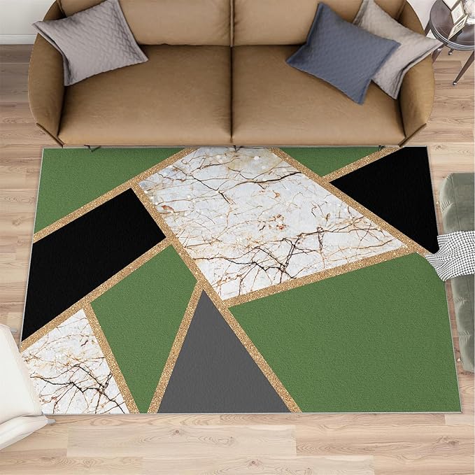Jadeite Marble Area Rugs 3D Black Gold Marble Rug Light Luxury Geometric Line Carpet Mid-Century Simple Rug Stone Cracks Rugs for Living Room Bedroom 7x8ft