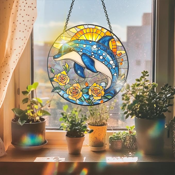 VAIIEYO Dolphin Acrylic Sun Catcher Window Hanging Decoration, 7.8 Inch Double-Sided Light Reflecting Ornament for Window, Garden, Porch or Balcony Decor, Housewarming, Gift for Natural Lovers