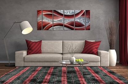 Handmade Abstract Metal Wall Art with Soft Color, Large Scale Decor in Dark Red Line Design Metal Art, 3D Artwork for Indoor Outdoor Wall Decorations, Decorative hanging in 6-Panels Measures 24"x 65"