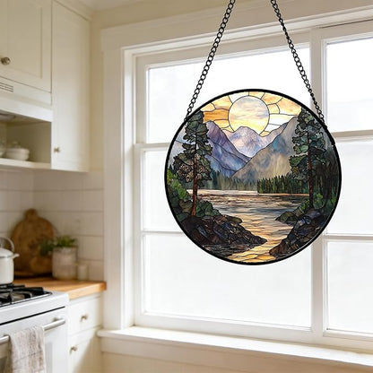 Stained Glass Window Hanging, Sunset Mountains Lake Tree Sun Catcher for Window Home Decor Landscape Suncatcher Mother's Day Birthday Gifts for Women Men Mom and Nana 6.3 in