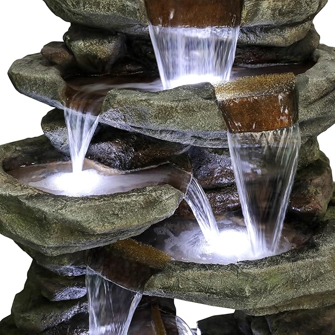 SunJet 60" High 7-Tiers Cascading Rock Outdoor Water Fountain with LED Lights - Large Outdoor Fountains and Waterfalls for Garden or Patio, Yard, and Deck Decor, Featuring Natural Stone Look