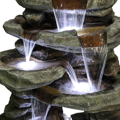 SunJet 60" High 7-Tiers Cascading Rock Outdoor Water Fountain with LED Lights - Large Outdoor Fountains and Waterfalls for Garden or Patio, Yard, and Deck Decor, Featuring Natural Stone Look