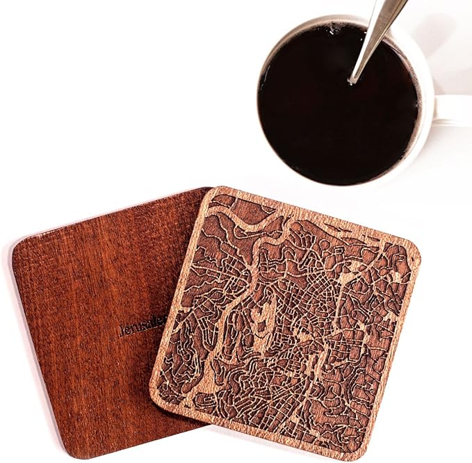 Jerusalem Map Coaster by O3 Design Studio, Set Of 4, Sapele Wooden Coaster With City Map, Handmade