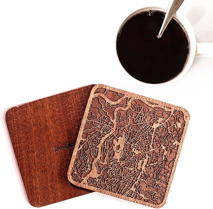 Jerusalem Map Coaster by O3 Design Studio, Set Of 4, Sapele Wooden Coaster With City Map, Handmade
