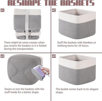 OIAHOMY 9”x9”x7” Storage Cubes, Cotton Rope Woven Baskets for Organizing, Cube Storage Bin, Small Gift Basket for Shelf, 3-Pack, Grey&White