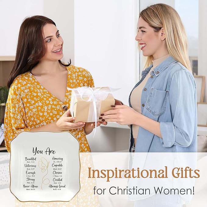 OASSIE Christmas Christian Gifts for Women Faith - 4"x4" Ceramic Jewelry Dish Tray - Christmas Inspirational Catholic Birthday Gifts for Women Friends, Wife Present Ideas, Trinket Dish Jewelry Tray