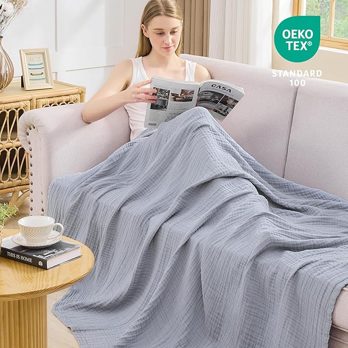 EMME Cotton Muslin Twin XL Blanket Breathable Gauze Blanket Soft Lightweight Blankets Adults Gifts for Women (Dusty Blue, 66"x90")
