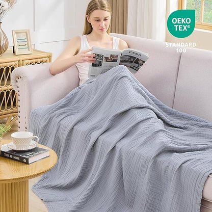 EMME Cotton Muslin King Blanket Bed Layering Breathable Gauze Blanket Soft Lightweight Blankets Adults (Dusty Blue, 108"x90")