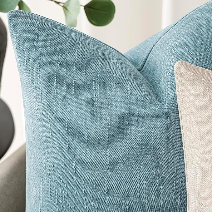 Foindtower Pack of 2 Textured Chenille Throw Decorative Pillow Covers Square Accent Solid Cushion Cover Neutral Farmhouse Pillow Case for Couch Sofa Bedroom Living Room 20x20 Inch,Light Blue