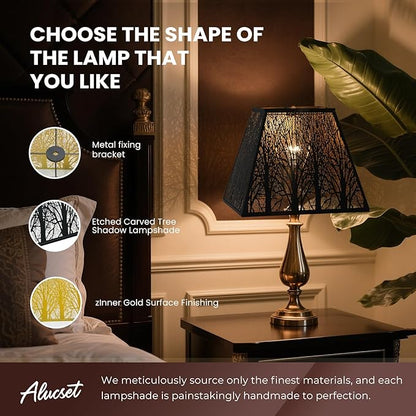 Large Metal Lampshade New Pyramid Shape Design 8'' Top 14'' Bottom 11'' Height ALUCSET Square Bell Shade Lamp Shade Forest Design Black and Gold fits for Table Lamps and Floor Lamps