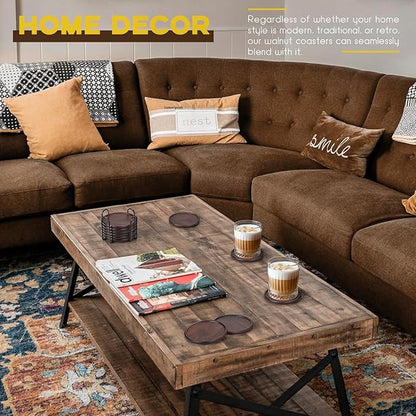 Wood Coasters with Metal Holder, GOH DODD Set of 6 Walnut Wooden Coaster Tabletop Protection for Drinks Coffee Table Home Kitchen Office Bar Living Room Decor Housewarming Gifts Wedding Party, 4 Inch