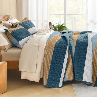 Litanika California King Quilt Set FBird,Stripe Patchwork Summer Bedspread Coverlet, Soft Lightweight Microfiber Quilt Bedding Set for All Season(1 Quilt, 2 Pillowcases)
