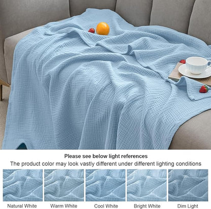 PHF 100% Cotton Muslin Blanket Queen Size 90"x90", 4-Layer Lightweight Gauze Throw, Breathable Cloud-Soft Minimalist Blanket for Bed, Couch, Camping & Baby, Sky Blue, Ideal Gift