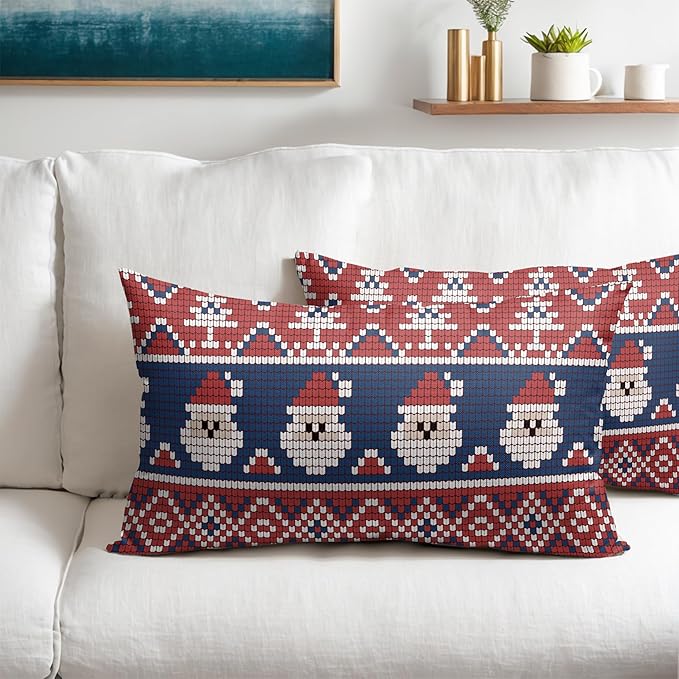 Dark Blue Red Christmas Lumbar Pillow Covers 12x20 Set of 2 Xmas Santa Tree Pattern Decorative Outdoor Farmhouse Pillowcases Decorations Winter Holiday Throw Cushion Cover Decor for Couch Sofa Bed