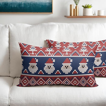 Dark Blue Red Christmas Lumbar Pillow Covers 12x20 Set of 2 Xmas Santa Tree Pattern Decorative Outdoor Farmhouse Pillowcases Decorations Winter Holiday Throw Cushion Cover Decor for Couch Sofa Bed