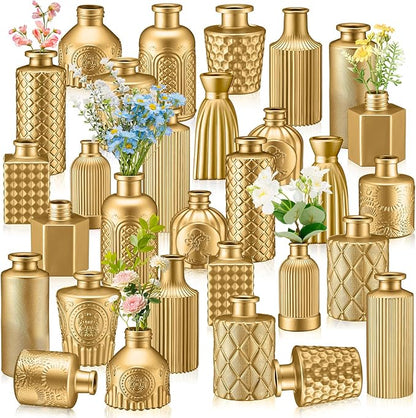 Yaomiao 30 Pcs Vases Bulk Colored Flower Glass Christmas Vases Bud Vintage Colored Glass Bottles Colorful Rustic Embossed for Home Wedding Table Decorations Gifts(Gold Series)