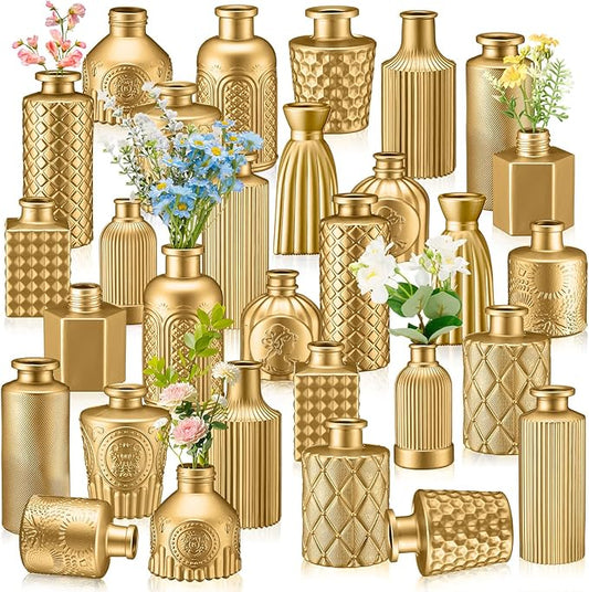 Yaomiao 30 Pcs Vases Bulk Colored Flower Glass Christmas Vases Bud Vintage Colored Glass Bottles Colorful Rustic Embossed for Home Wedding Table Decorations Gifts(Gold Series)