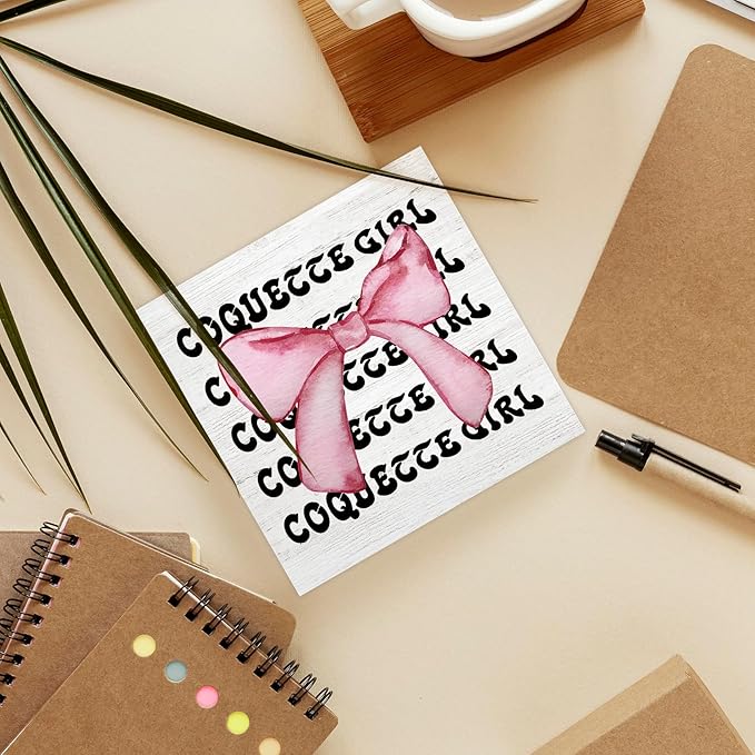 Coquette Room Decor Wood Box Sign Desk Decor, Pink Trendy Bow Decor, Preppy Aesthetic Girly Wooden Block Sign Decorations for Girl College Dorm Bedroom Wall Tabletop Shelf Decor