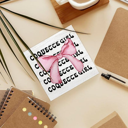 Coquette Room Decor Wood Box Sign Desk Decor, Pink Trendy Bow Decor, Preppy Aesthetic Girly Wooden Block Sign Decorations for Girl College Dorm Bedroom Wall Tabletop Shelf Decor