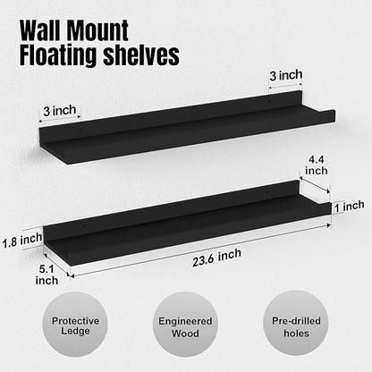 Boswillon Long Floating Shelves, 2 Set Modern Black Wall Shelf for Bedroom, Nursery Book Shelf with Lip, Picture Ledge Shelf for Living Room Bathroom Kitchen - Black,23.6 In