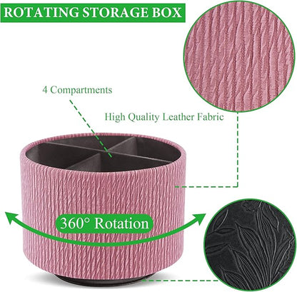 Round Leather Art Supply Organizer,Remote Control Holder,360 Degree Spinning,Multi-Functional Pencil Holder,4 Compartments Desktop Stationary Organizer(1-Wood Pink)