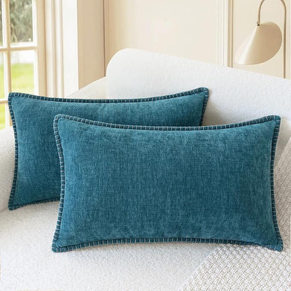 CaliTime Throw Pillow Covers Decorative 12 X 20 Inches Pack of 2 Cotton Thread Stitching Edges Solid Dyed Soft Chenille Cushion Cases for Couch Sofa Bed Living Room Farmhouse Ocean Blue