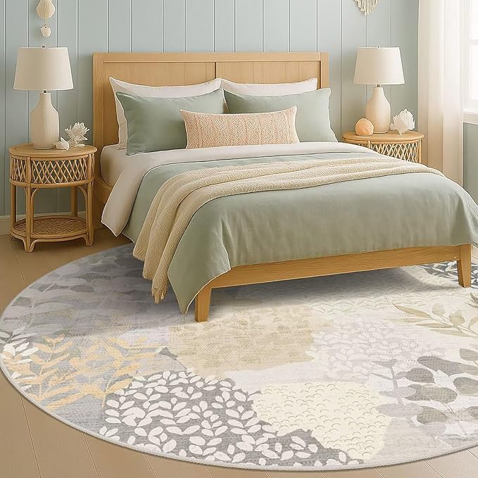 DEXDE Large Round Rug 9ft Washable Circle Area Rugs, Non Slip Low Pile Boho Floral Circular Carpet for Bedroom Bathroom Entryway Kids Room Office Dining Room, Gray