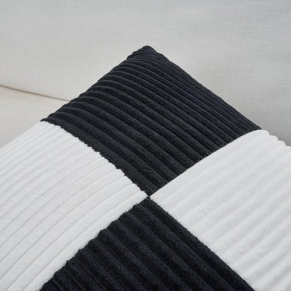 Fancy Homi Set of 2 Black White Decorative Throw Pillow Covers 22x22 Inch for Living Room Couch Bed Sofa, Farmhouse Boho Home Decor, Soft Cross Corduroy Patchwork Accent Square Cushion Case 55x55 cm