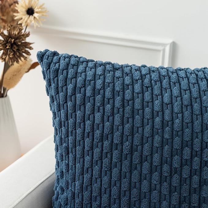 Kevin Textile Blue Throw Pillow Covers Soft Corduroy Decorative Set of 2 Boho Striped Pillow Covers Pillowcases Farmhouse Home Decor for Couch Bed Sofa Living Room 26x26 Inch