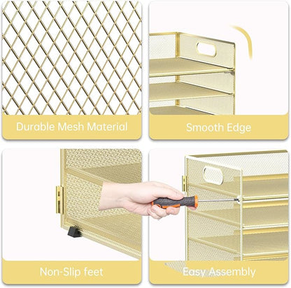 7 Tier Paper Organizer - Mesh Desktop File Holder with Handles for Office School Desk (Gold)