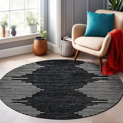 Rugshop Bohemian Stripe Stain Resistant High Traffic Living Room Kitchen Bedroom Dining Home Office Round Area Rug 8' Black