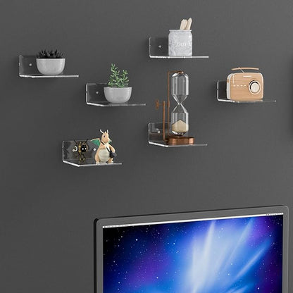 Sezanrpt 6 Inches Acrylic Small Wall Shelves 2 Pack, Floating Shelf for Wall Mounting, Acrylic Display Ledges for Funko Pop Figures, Home Décor, Living Room, Gaming Room, Plants(6 inch, Clear)