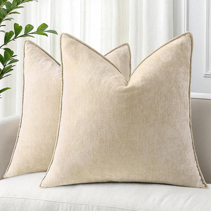decorUhome Spring Couch Throw Pillow Covers 18x18 Set of 2, Decorative Soft Velvet Neutral Chenille Pillow Covers with Elegant Design for Sofa Bed Living Room Home Decor, Beige