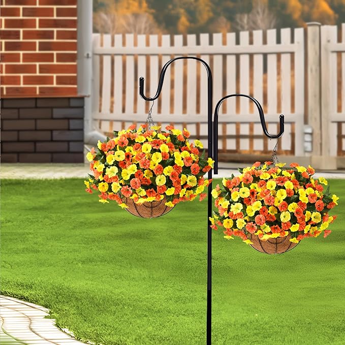 Artificial Fake Hanging Flowers Plants Baskets for Outdoor Spring Decoration, Faux Silk UV Resistant Look Real Morning Glory Arrangement for Porch Patio Garden Deck Home Summary Decor(Orange Yellow)