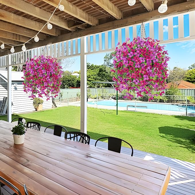 Artificial Hanging Flowers Plants with Basket for Outdoors, Realistic Faux Silk Daisy Flower Eucalyptus for Spring Decor, UV Resistant Fake Plants for Porch Patio Yard Balcony, Purple Violet