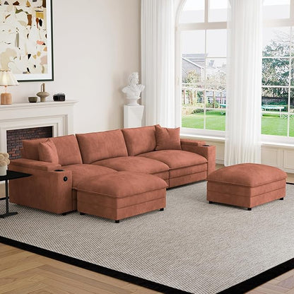115" U Shaped Cloud Sofa Couch with Ottoman, Storage Armrest, Cup Holders, USB & Type-C Ports, Spring Cushions, Solid Wood Frame, Chenille Modular Sectional for Living Room (Coffee-U-115.2")