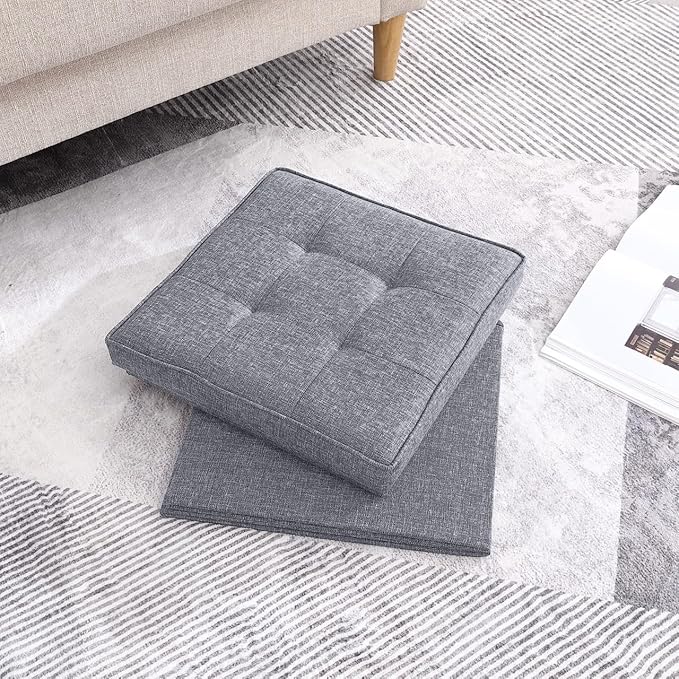 Ornavo Home Square Storage Ottoman Linen Foldable Tufted Cube Storage Ottoman Foot Rest Stool/Seat with Table Top Lid, Coffee Table Ottoman - 15" x 15" x 15" (Gray)