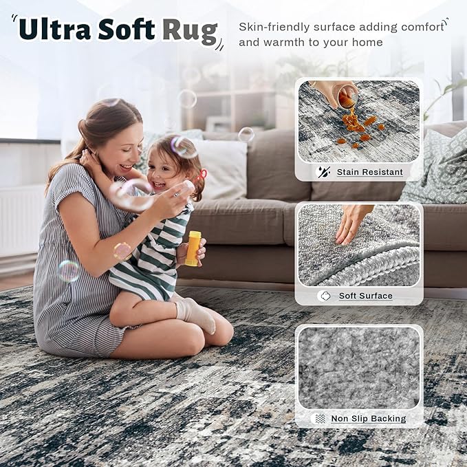 5x7 Area Rugs for Living Room, Washable Modern Abstract Large Area Rug Neutral Soft Non Slip Kids Rug Stain Resistant Indoor Carpet for Bedroom Nursery Dining Room Home Office(BlackGrey, 5'x7')